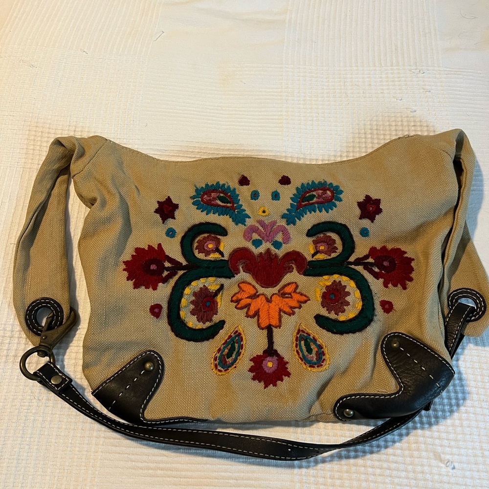 Embroidered Tan Shoulder Bag
